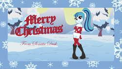 Size: 1920x1080 | Tagged: safe, artist:doctor-g, imported from derpibooru, sonata dusk, equestria girls, christmas card, clothes, female, hat, santa costume, santa hat, smiling, snow, socks, solo, thigh highs, winter