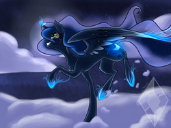 Size: 1600x1200 | Tagged: safe, artist:diax, imported from derpibooru, princess luna, cloud, female, grin, magic, night, solo, spread wings