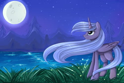 Size: 1600x1067 | Tagged: safe, artist:heu-hey, imported from derpibooru, princess luna, female, lake, missing cutie mark, moon, night, s1 luna, solo