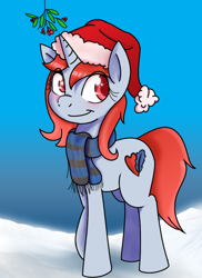 Size: 800x1100 | Tagged: safe, alternate version, artist:monanniverse, derpibooru exclusive, imported from derpibooru, oc, oc only, oc:mona, pony, unicorn, blushing, clothes, cute, female, hat, holly, holly mistaken for mistletoe, looking back, mare, mistleholly, raised hoof, santa hat, scarf, smiling, solo