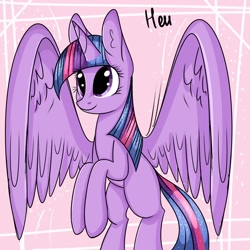 Size: 1024x1024 | Tagged: safe, artist:heu-hey, imported from derpibooru, twilight sparkle, alicorn, pony, female, mare, rearing, smiling, solo, spread wings, twilight sparkle (alicorn)