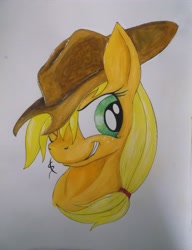 Size: 3216x4198 | Tagged: safe, artist:scribblepwn3, imported from derpibooru, applejack, earth pony, pony, female, hat, pen drawing, portrait, solo, traditional art, watercolor painting, wink