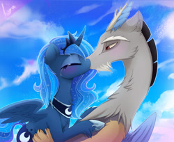 Size: 1600x1307 | Tagged: safe, artist:magnaluna, imported from derpibooru, discord, princess luna, alicorn, draconequus, pony, blushing, crying, duo, female, kiss on the lips, kissing, lunacord, male, mare, shipping, straight