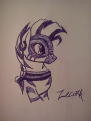 Size: 1920x2560 | Tagged: safe, artist:kawaiiderpy, imported from derpibooru, zecora, zebra, the cutie re-mark, alternate timeline, chrysalis resistance timeline, female, mask, monochrome, resistance leader zecora, simple background, sketch, solo, traditional art, white background