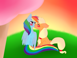 Size: 1024x768 | Tagged: safe, artist:vvalent, imported from derpibooru, applejack, rainbow dash, earth pony, pegasus, pony, appledash, blushing, duo, female, kiss on the lips, kissing, lesbian, mare, shipping, sunset