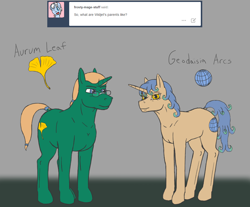 Size: 1026x850 | Tagged: safe, artist:widjetarcs, imported from derpibooru, oc, oc only, oc:aurum leaf, oc:geodaisia arcs, pony, unicorn, female, male, mare, stallion