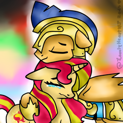 Size: 2000x2000 | Tagged: safe, artist:lovelyheartmlp, imported from derpibooru, flash sentry, sunset shimmer, pegasus, pony, unicorn, armor, backwards cutie mark, crying, eyes closed, female, flashimmer, hug, male, shipping, straight, tears of joy