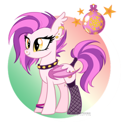 Size: 600x590 | Tagged: safe, artist:arcadianphoenix, imported from derpibooru, oc, oc only, oc:jingle bell rock, bat pony, pony, adoptable, bat pony oc, choker, clothes, cute, cutie mark, ear piercing, earring, female, fishnets, mare, ocbetes, piercing, punk, smiling, solo, spiked choker, stockings, tail wrap, wristband