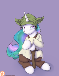 Size: 1100x1400 | Tagged: safe, artist:alasou, imported from derpibooru, princess celestia, cane, clothes, costume, crossed hooves, female, patreon, patreon logo, simple background, solo, star wars, yoda