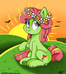 Size: 1536x1729 | Tagged: safe, artist:doodlehorse, imported from derpibooru, tree hugger, bird, pony, cute, female, floral head wreath, hill, messy mane, solo, sunset