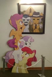 Size: 530x788 | Tagged: safe, imported from derpibooru, apple bloom, cloudy quartz, igneous rock pie, scootaloo, sweetie belle, american gothic, cardboard cutout, cutie mark crusaders, irl, moustache, photo, quartzrock, tower of pony