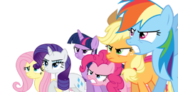 Size: 1246x641 | Tagged: safe, artist:s.guri, imported from derpibooru, applejack, fluttershy, pinkie pie, rainbow dash, rarity, twilight sparkle, alicorn, earth pony, pegasus, pony, unicorn, slice of life (episode), female, folded wings, horn, mane six, mare, spread wings, twilight sparkle (alicorn), wings, wings down