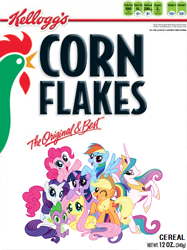 Size: 351x470 | Tagged: safe, artist:dial102394, artist:newbronyfan, imported from derpibooru, applejack, fluttershy, pinkie pie, princess celestia, rainbow dash, rarity, spike, twilight sparkle, alicorn, pony, cereal, corn flakes, cornelius rooster, female, food, kellogg's, mane six, mare, the original & best, twilight sparkle (alicorn), william keith kellogg