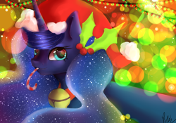 Size: 3000x2100 | Tagged: safe, artist:xkittyblue, imported from derpibooru, princess luna, candy, candy cane, female, food, hat, holly, mouth hold, santa hat, solo