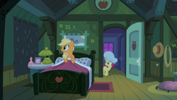 Size: 1366x768 | Tagged: safe, imported from derpibooru, screencap, apple bloom, applejack, family appreciation day, bedroom, hat, nightcap