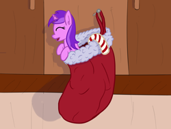 Size: 3200x2400 | Tagged: safe, artist:eyeburn, derpibooru exclusive, imported from derpibooru, amethyst star, sparkler, oc, oc:tinisparkler, pony, unicorn, candy, candy cane, christmas stocking, cute, food, micro, redraw, sock