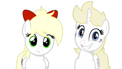 Size: 3556x2000 | Tagged: safe, artist:vectorfag, imported from derpibooru, oc, oc only, oc:franziska, oc:kyrie, pegasus, pony, unicorn, aryan, aryan pony, blonde, bowtie, frown, looking at you, nazipone, simple background, smiling, trace, transparent background, vector