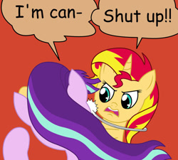 Size: 942x848 | Tagged: safe, artist:artattax, imported from derpibooru, starlight glimmer, sunset shimmer, pony, unicorn, abuse, batman slaps robin, canon, duo, glimmerbuse, meme, my parents are dead, slapping, sunset vs starlight debate