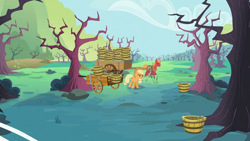 Size: 1366x768 | Tagged: safe, imported from derpibooru, screencap, applejack, big macintosh, earth pony, pony, family appreciation day, bare tree, basket, cart, harness, male, orchard, stallion, tree, working, zap apple tree