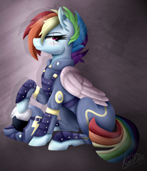 Size: 1550x1800 | Tagged: safe, artist:kikirdcz, imported from derpibooru, rainbow dash, the cutie re-mark, alternate timeline, apocalypse dash, clothes, crystal war timeline, female, prosthetic limb, scar, solo, torn ear, uniform