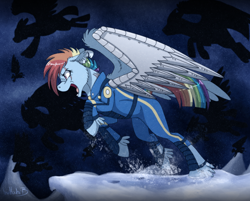 Size: 1280x1027 | Tagged: safe, artist:inuhoshi-to-darkpen, imported from derpibooru, rainbow dash, pegasus, pony, the cutie re-mark, alternate timeline, apocalypse dash, clothes, crystal war timeline, feathered fetlocks, female, floppy ears, flying, mare, prosthetics, scar, silhouette, snow, snowfall, solo focus, torn ear, uniform, unshorn fetlocks