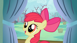 Size: 1366x768 | Tagged: safe, imported from derpibooru, screencap, apple bloom, earth pony, pony, family appreciation day, adorabloom, bow, cute, female, filly, hair bow, open mouth, smiling, solo, wide eyes