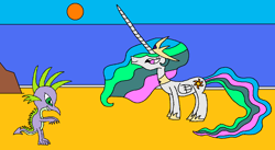 Size: 1502x822 | Tagged: safe, artist:killerbug2357, imported from derpibooru, princess celestia, spike, 1000 hours in ms paint, ms paint