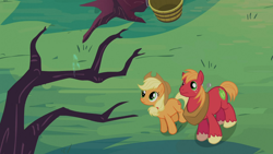 Size: 1366x768 | Tagged: safe, imported from derpibooru, screencap, applejack, big macintosh, earth pony, pony, family appreciation day, bare tree, looking up, male, spark, stallion, tree, zap apple tree