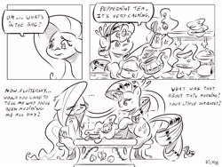 Size: 4000x3000 | Tagged: safe, artist:dilarus, deleted from derpibooru, imported from derpibooru, fluttershy, rarity, comic:the best of intentions, black and white, comic, food, grayscale, monochrome, tea