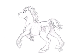 Size: 1280x983 | Tagged: safe, artist:carnivorouscaribou, imported from derpibooru, oc, oc only, oc:rough sketch (carnivorouscaribou), action pose, galloping, monochrome, sketch, solo, traditional art