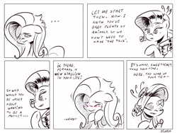 Size: 4000x3000 | Tagged: safe, artist:dilarus, deleted from derpibooru, imported from derpibooru, fluttershy, rarity, comic:the best of intentions, black and white, comic, food, grayscale, monochrome, tea