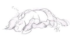 Size: 984x555 | Tagged: safe, artist:carnivorouscaribou, imported from derpibooru, oc, oc only, oc:rough sketch (carnivorouscaribou), cute, monochrome, sketch, sleeping, solo, traditional art, unshorn fetlocks