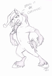 Size: 797x1157 | Tagged: safe, artist:carnivorouscaribou, imported from derpibooru, oc, oc only, oc:rough sketch (carnivorouscaribou), pony, bipedal, bring it on, christmas, hat, monochrome, santa hat, sketch, solo, traditional art, unshorn fetlocks, yelling