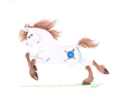 Size: 1198x991 | Tagged: safe, artist:carnivorouscaribou, imported from derpibooru, oc, oc only, oc:rough sketch (carnivorouscaribou), colored pencil drawing, galloping, solo, traditional art, unshorn fetlocks