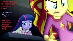 Size: 800x450 | Tagged: safe, edit, edited screencap, imported from derpibooru, screencap, sunset shimmer, twilight sparkle, equestria girls, rainbow rocks, caption