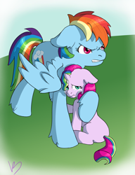 Size: 2000x2600 | Tagged: safe, artist:chipperpony, imported from derpibooru, rainbow dash, oc, oc:harmony (chipperpony), comforting, defending, female, magical lesbian spawn, momma dash, mother and daughter, multiple parents, offspring, parent:applejack, parent:fluttershy, parent:pinkie pie, parent:rainbow dash, parent:rarity, parent:twilight sparkle, parents:omniship