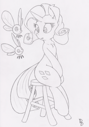 Size: 3860x5476 | Tagged: safe, artist:dfectivedvice, imported from derpibooru, rarity, parasprite, female, grayscale, monochrome, sitting, sketch, solo, stool, traditional art