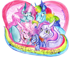 Size: 1931x1594 | Tagged: safe, artist:animagicworld, imported from derpibooru, master kenbroath gilspotten heathspike, minty, pinkie pie, rainbow dash, rainbow dash (g3), spike, wysteria, g3, tongue out, traditional art