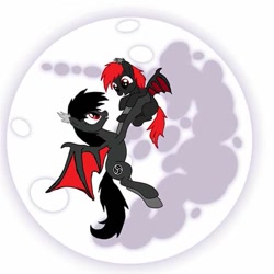 Size: 541x540 | Tagged: safe, artist:hawkdmika, artist:red moon hawk, imported from derpibooru, oc, oc only, oc:qetesh, oc:red moon hawk, bat pony, pony, flying, foal, moon