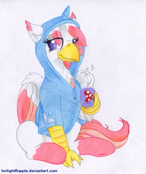 Size: 839x1000 | Tagged: safe, artist:foxxy-arts, imported from derpibooru, trixie, oc, oc only, oc:foxxy hooves, classical hippogriff, hippogriff, unicorn, clothes, female, hoodie, mare, mug, solo, teacup