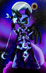 Size: 1400x2200 | Tagged: safe, artist:mongoosegoddess, imported from derpibooru, nightmare moon, anthro, female, grin, scythe, solo, spread wings