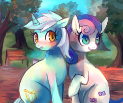 Size: 1280x1067 | Tagged: safe, artist:cherivinca, imported from derpibooru, bon bon, lyra heartstrings, sweetie drops, earth pony, pony, unicorn, bench, blushing, female, lesbian, lyrabon, shipping