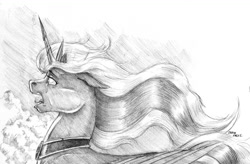 Size: 1200x787 | Tagged: safe, artist:baron engel, imported from derpibooru, princess luna, alicorn, pony, bust, crying, female, floppy ears, grayscale, horn, jewelry, mare, monochrome, open mouth, pencil drawing, portrait, profile, regalia, singing, solo, story in the source, tiara, traditional art