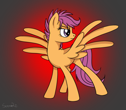 Size: 1000x870 | Tagged: safe, artist:serra20, imported from derpibooru, scootaloo, female, gradient background, older, solo, spread wings