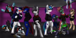 Size: 4320x2160 | Tagged: safe, artist:amazingdawnwolf, imported from derpibooru, shining armor, thunderlane, oc, oc:aiker, oc:max loyalty, oc:moonlit ace, oc:quantum shift, oc:ryker, oc:scotch macmanus, oc:speed chaser, oc:starry gaze, oc:terry, earth pony, pegasus, pony, unicorn, bipedal, clothes, group, group picture, male, stallion, sunglasses