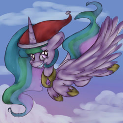 Size: 1000x1000 | Tagged: safe, artist:dweebpone, imported from derpibooru, princess celestia, alicorn, pony, christmas, female, flying, hat, holiday, looking at you, mare, santa hat, sky, smiling, solo, spread wings, three quarter view, wings