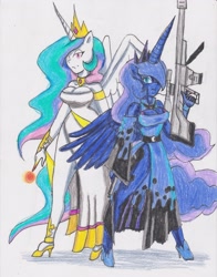 Size: 2550x3260 | Tagged: safe, artist:dp360, imported from derpibooru, princess celestia, princess luna, anthro, clothes, dress, weapon