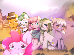 Size: 2000x1500 | Tagged: safe, artist:shilzumi, artist:yanyao, imported from derpibooru, cloudy quartz, igneous rock pie, limestone pie, marble pie, maud pie, pinkie pie, earth pony, pony, blushing, female, group, looking at you, mare, photobomb, pie family, pie sisters, quartzrock, raised hoof, selfie, siblings, sisters, smiling