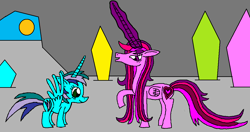 Size: 1202x633 | Tagged: safe, artist:killerbug2357, imported from derpibooru, oc, oc only, oc:angelica, oc:seraphina, alicorn, pony, 1000 hours in ms paint, alicorn oc, magic, ms paint