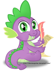 Size: 1024x1379 | Tagged: safe, artist:aleximusprime, imported from derpibooru, spike, dragon, cute, feather, looking at you, looking back, male, quill, scroll, simple background, sitting, smiling, solo, transparent background, vector, writing